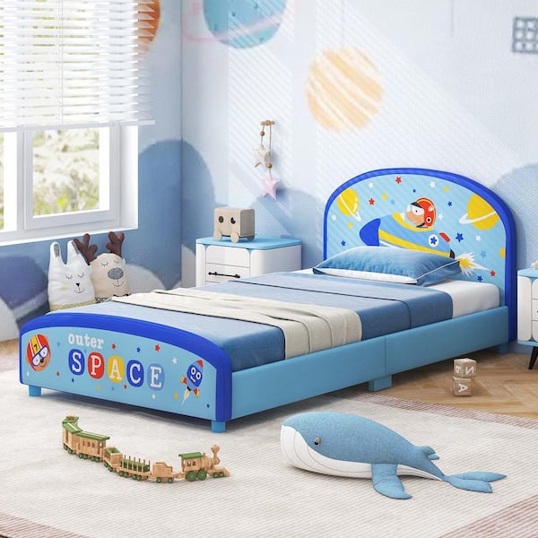 Costway Blue Wood Frame Children Twin Size Upholstered Platform Bed with Headboard And Footboard JU--10N201BL - The Home Depot Costway Blue Wood Frame Children Twin Size Upholstered Platform Bed with Headboard And Footboard JU--10N201BL - The Home Depot