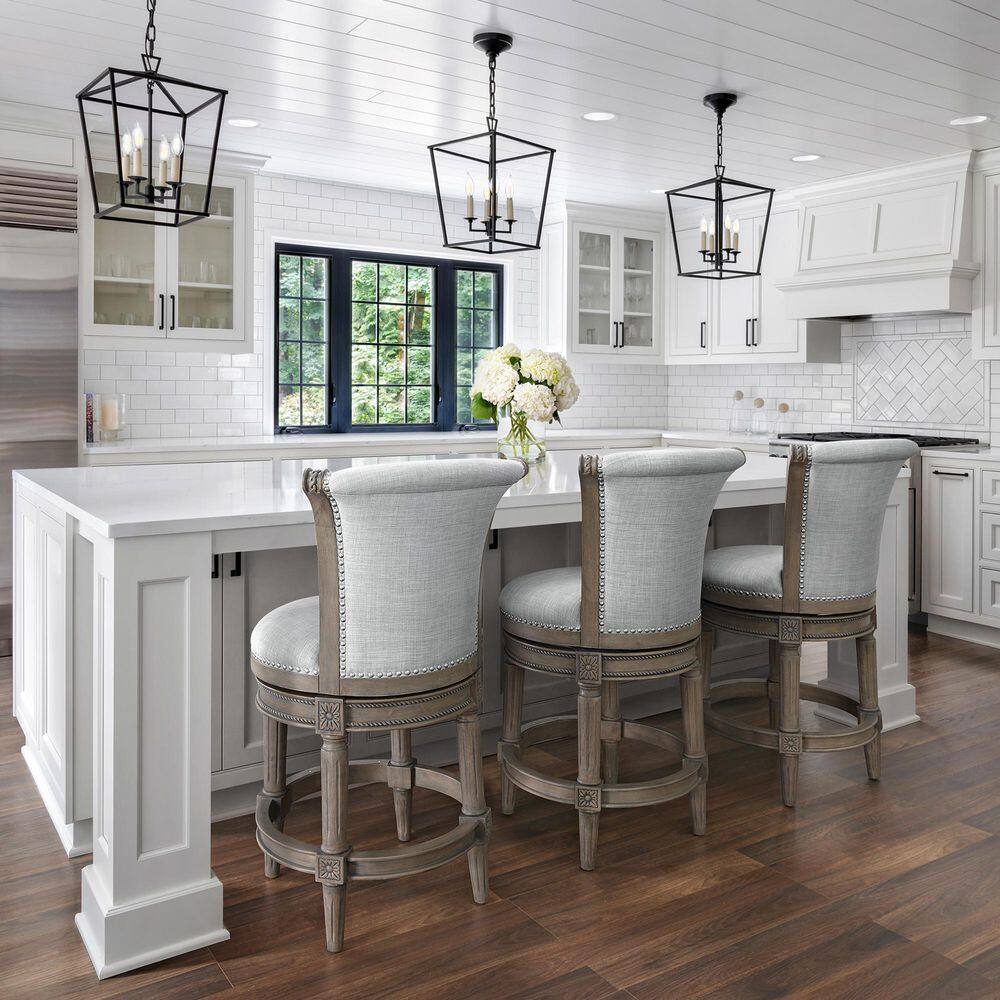 Weathered Gray Wood Swivel Counter-Height Barstool with Linen Upholstery
