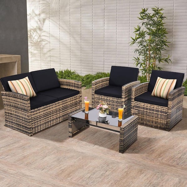 Unbranded 4-Piece Brown Wicker Courtyard Patio Conversation Furniture Set with Black Soft Cushions and Black Tempered Glass Table