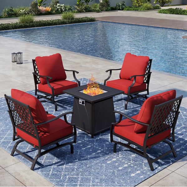 PHI VILLA Metal 4 Seat 5-Piece Steel Outdoor Patio Conversation Set with Red Cushion Rocking Chairs Square Fire Pit Table