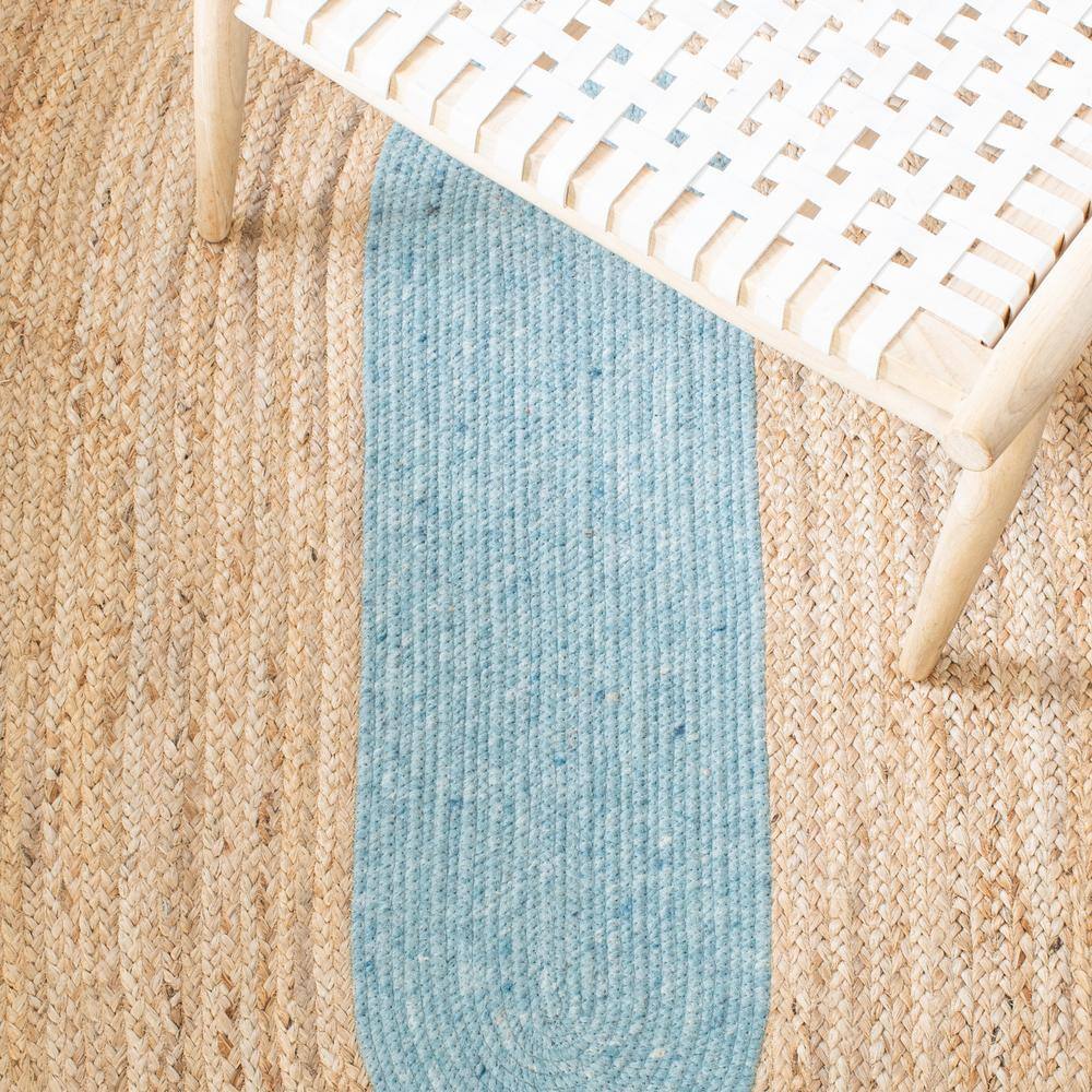 Handmade Blue and Natural Oval Braided Wool Cotton Rug 5' x 7'