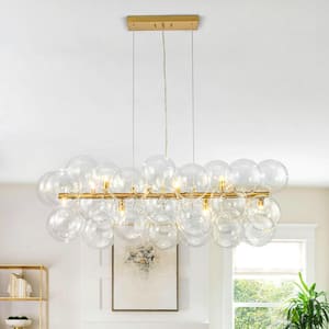 42.13 in. 10-Light Brass Linear Bubble Cluster Chandelier with Globe Glass Shades for Dining Room