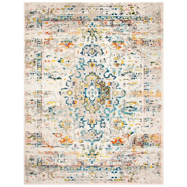 Madison Cream/Blue 12 ft. x 18 ft. Border Geometric Floral Medallion Area Rug