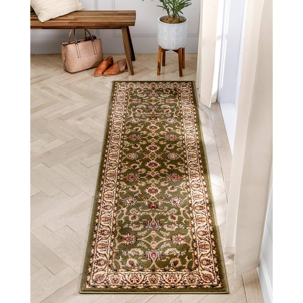 Green and Ivory Synthetic Traditional Runner Rug