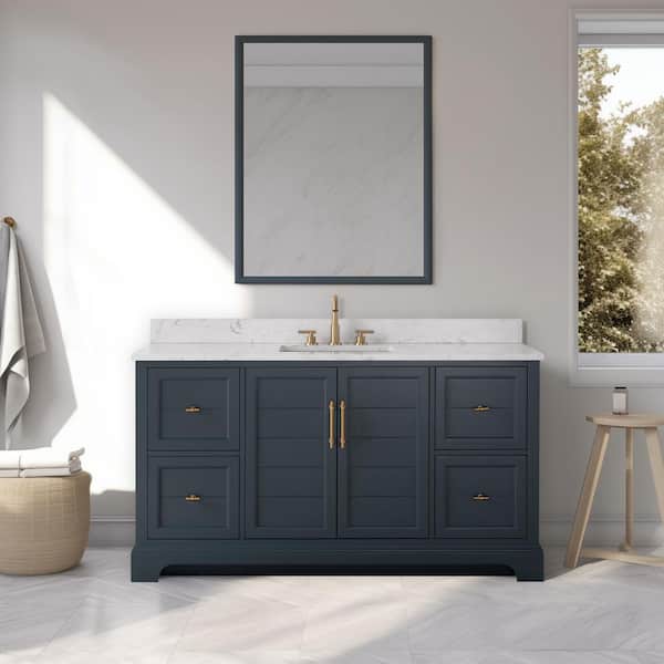 Vanity Art 60 in. W x 22 in. D x 34.5 in. H Single Sink Vintage Spruce Blue Bath Vanity with White Engineered Marble Top
