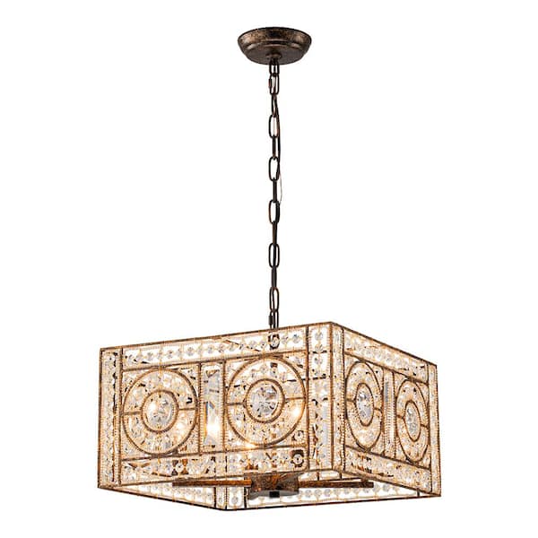 HUOKU Iridescent 4-Light Vintage Crystal Square Antique Bronze