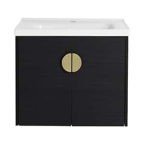 24 in. W x 18 in. D x 21 in. H Wall Mounted Bath Vanity in Black with White Ceramic Top