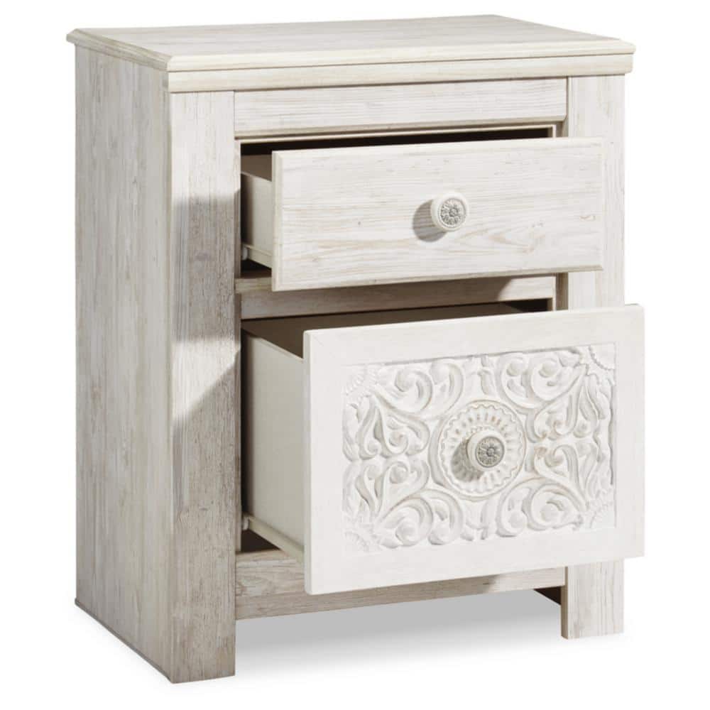 Charming French Country Whitewash 2-Drawer Nightstand with USB Charging
