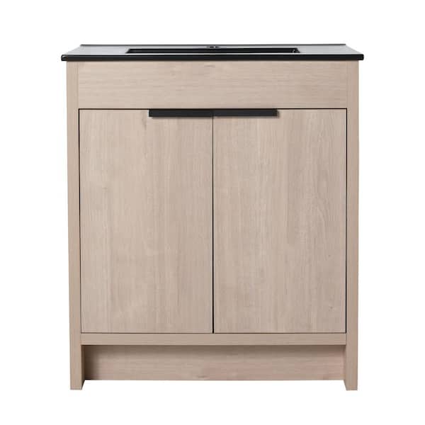 Aoibox 30 in. W x 16 in. D x 34 in. H, Single Black Ceramic Sink, Freestanding Bathroom Brown Vanity with 2 Soft-Close Doors