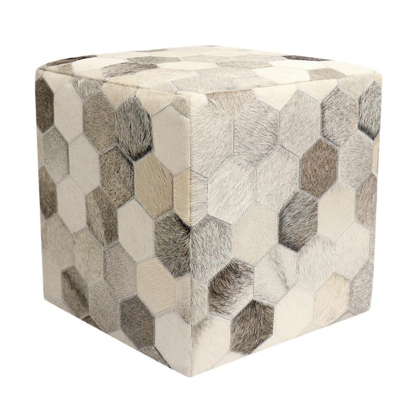 Pasargad Home Galaxy Cowhide Sari Silk Silver Ottoman