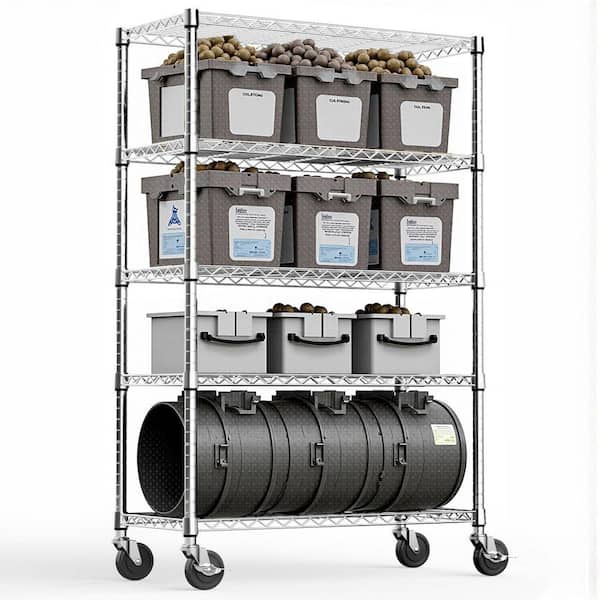Wire 5-Tiers Steel Adjustable Garage Storage Shelving Unit with Wheels in Chrome (47.2 in. W x 76.8 in. H x 17.7 in. D)