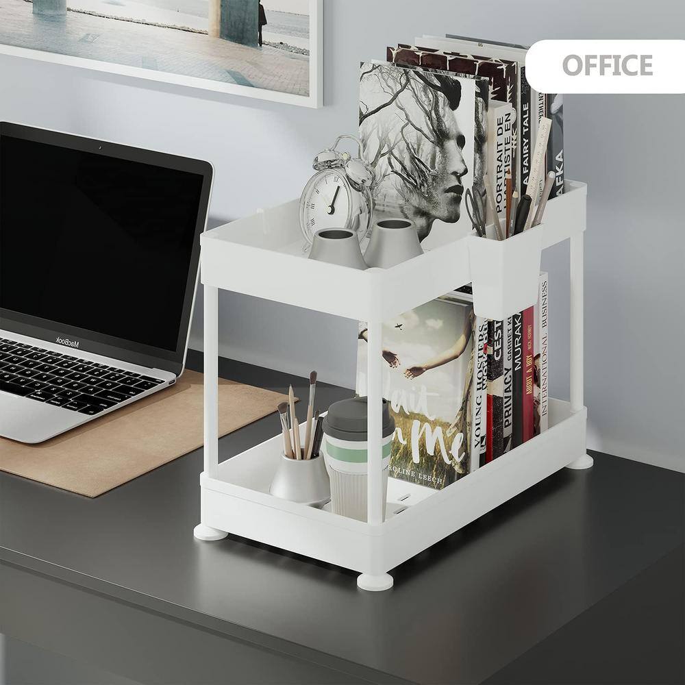 White Two-Tier Under Sink Organizer with Utility Hooks