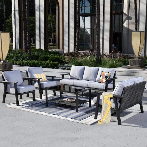 HOOOWOOO Walden Grey 5-Piece Wicker Metal Outdoor Patio Conversation Sofa Set with a Coffee Table and Light Grey Cushions
