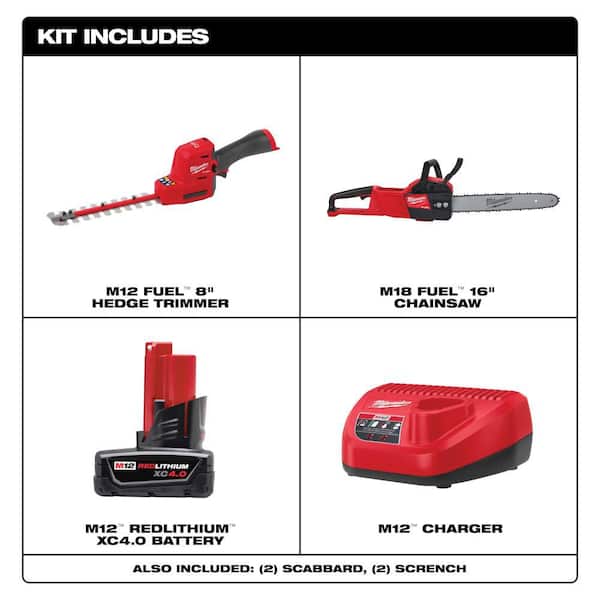 M12 FUEL 8 in. 12V Lithium-Ion Brushless Cordless Hedge Trimmer Kit with M18 FUEL 16 in. Chainsaw (2-Tool)