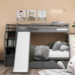 Twin Over Full Bunk Beds, Storage Low Bunk Beds with Slide and Staircase, No Box Spring Needed, Grey