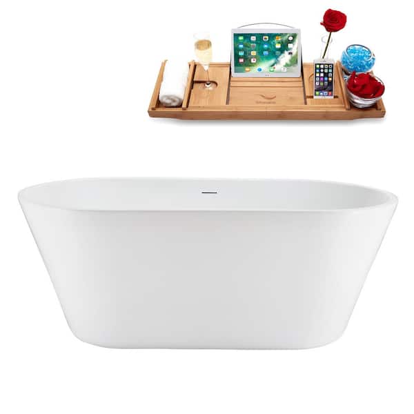 Streamline 59 in. x 30 in. Acrylic Freestanding Soaking Bathtub in Glossy White With Brushed Brass Drain