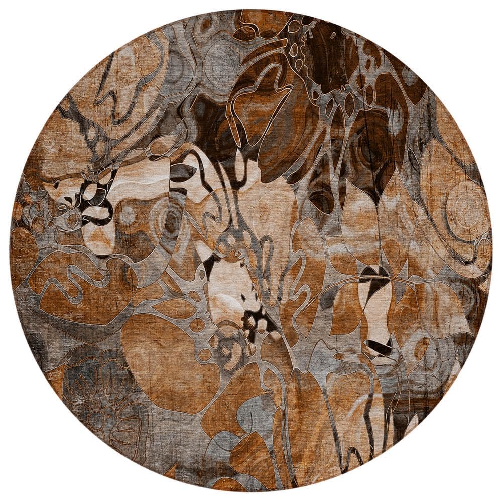 Paprika Floral Synthetic Round Washable Area Rug