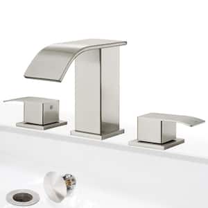 8 in. Widespread Double-Handle Waterfall Spout Bathroom Vessel Sink Faucet with Drain Kit Included in Brushed Nickel