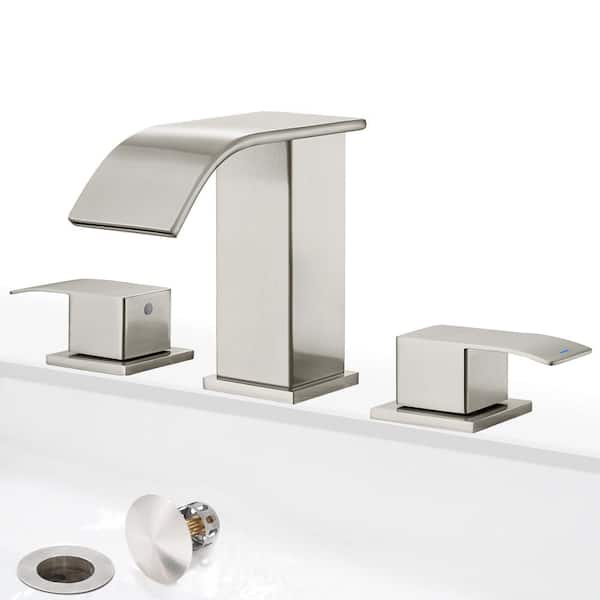 GAGALIFE 8 in. Widespread Double-Handle Waterfall Spout Bathroom Vessel Sink Faucet with Drain Kit Included in Brushed Nickel