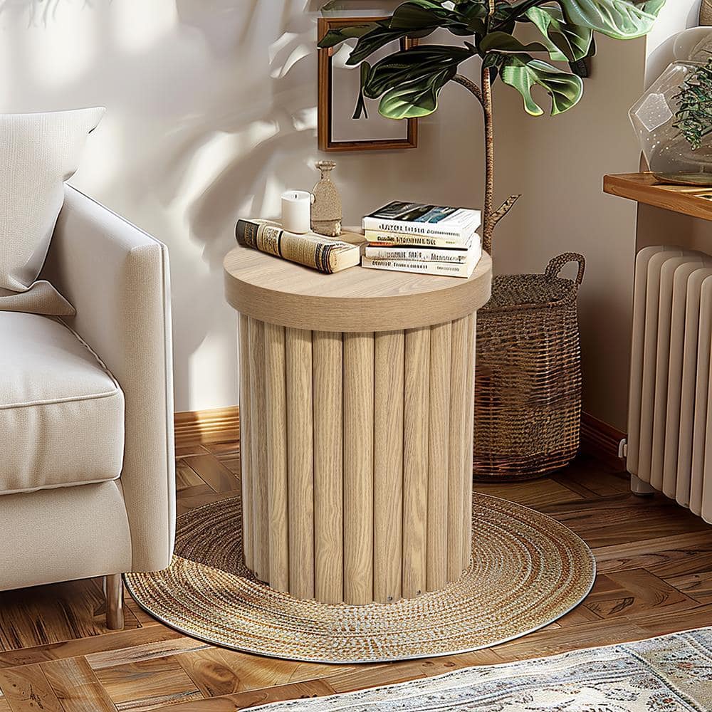 Oak Fluted Round Side Table with Drum Design