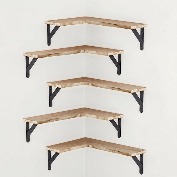 15.8 in. W x 11.3 in. D Natural Floating Shelves, Wood Corner Shelves, Decorative Wall Shelf Set of 5