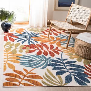 Cabana Cream/Red Doormat 3 ft. x 3 ft. Abstract Palm Leaf Indoor/Outdoor Patio Square Area Rug