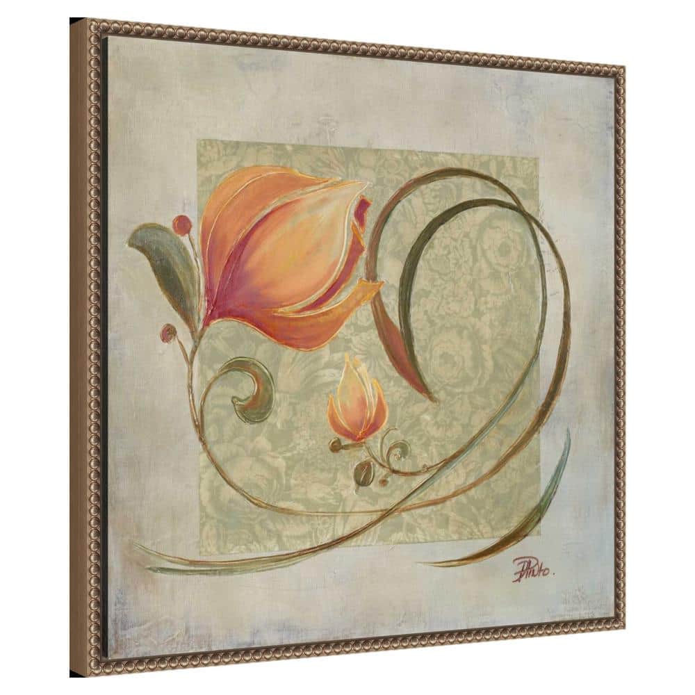 Peach Floral Beaded Bronze Framed Canvas Wall Art