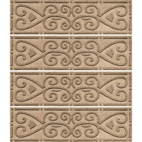 Bungalow Flooring Waterhog  Scroll 8.5 in. x 30 in. PET Polyester Indoor Outdoor Stair Tread Cover (Set of 4) Camel