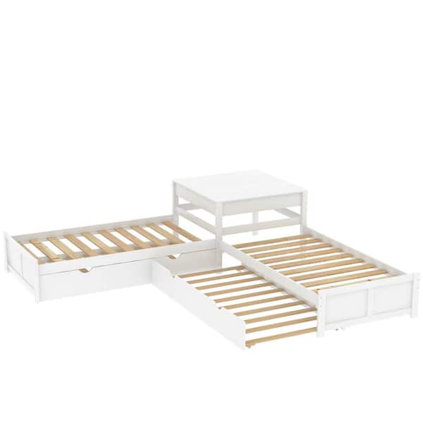 aisword 117.3 in.Twin Size L-shaped Platform Bed with 2-Trundles and Built-in Square Table - White