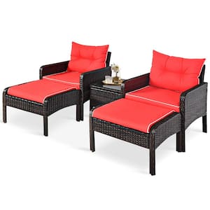 5-Piece PE Wicker Patio Conversation Set Outdoor Sofa Ottoman Set with Red Cushions