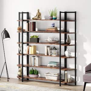 Earlimart 70.8 in. Brown Engineered Wood 6-Shelf Standard Bookcase with Large Storage Shelves