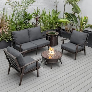 Walbrooke Brown 5-Piece Aluminum Round Patio Fire Pit Set with Charcoal Cushions, Slats Design & Tank Holder
