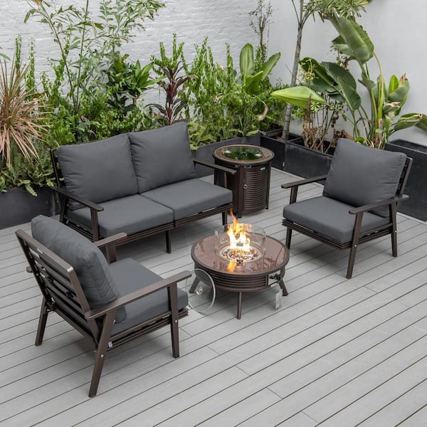Leisuremod Walbrooke Brown 5-Piece Aluminum Round Patio Fire Pit Set with Charcoal Cushions, Slats Design & Tank Holder