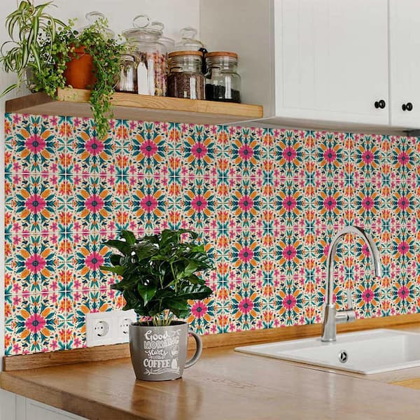 Pink, Beige and Dark Green L81 4 in. x 4 in. Vinyl Peel and Stick Tile (24 Tiles, 2.67 sq. ft. /pack)