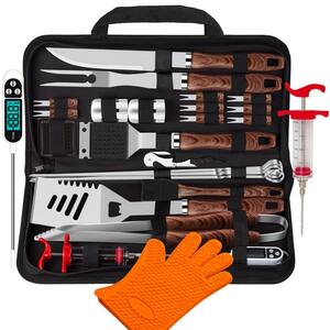 Heavy Duty Portable Stainless Steel Cooking Accessories Kit with Glove and Corkscrew for Grill Camping, Brown (26-Piece)