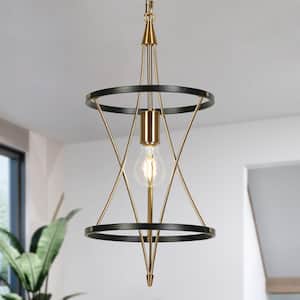 Modern Industrial Pendant Light 1-Light Matte Black and Brass Drum Cage Hanging Ceiling Light for Kitchen, Dining Room