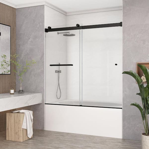 Bathlink 60 in. W x 60 in. H Double Sliding Frameless Tub Door in Matte Black with 5/16 in. Clear Tempered Glass