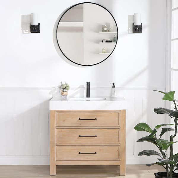 León 36 in.W x 22 in.D x 34 in.H Single Sink Bath Vanity in Fir Wood Brown with White Composite Stone Top