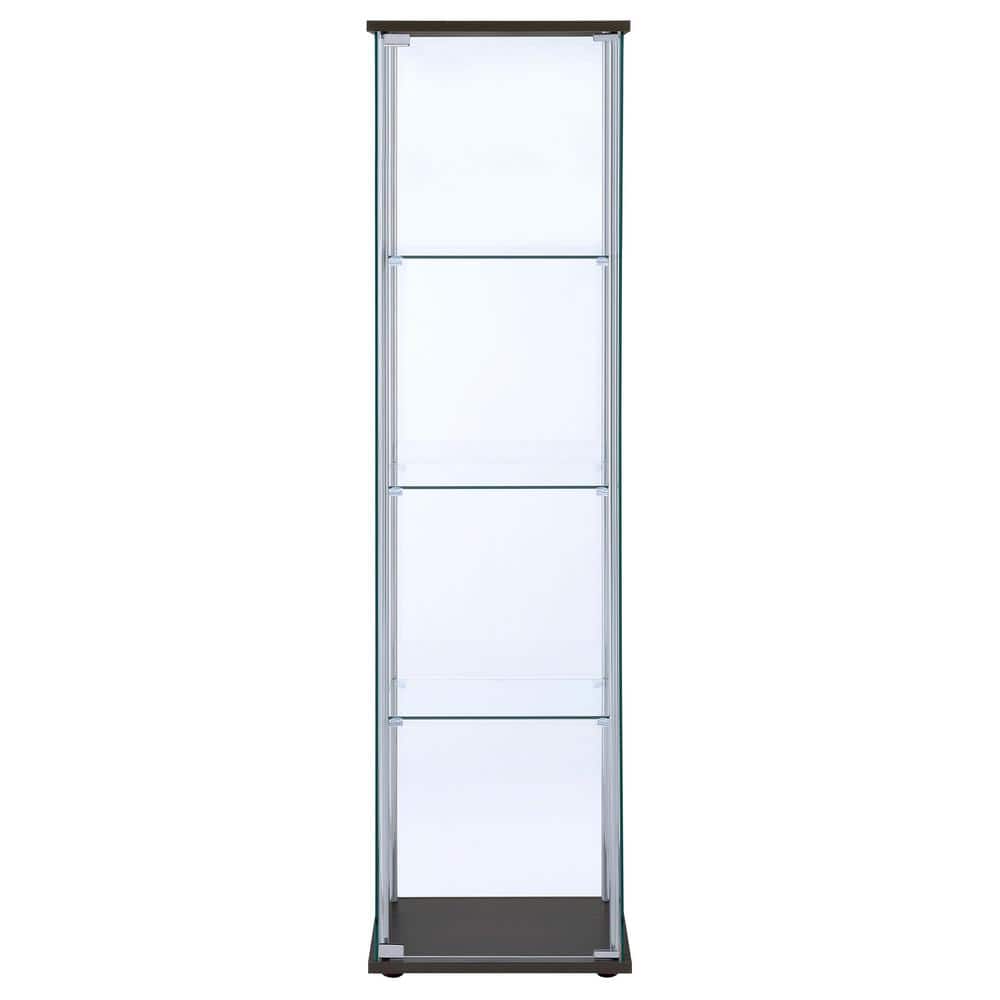 Transitional Cappuccino and Chrome Lighted Curio Cabinet with Glass Shelves