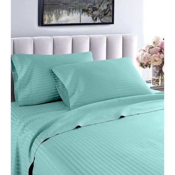 Unbranded 4-Piece 1200-Thread Count 100% Egyptian Cotton Deep Pocket Stripe Bed Sheets (Queen, Aqua)