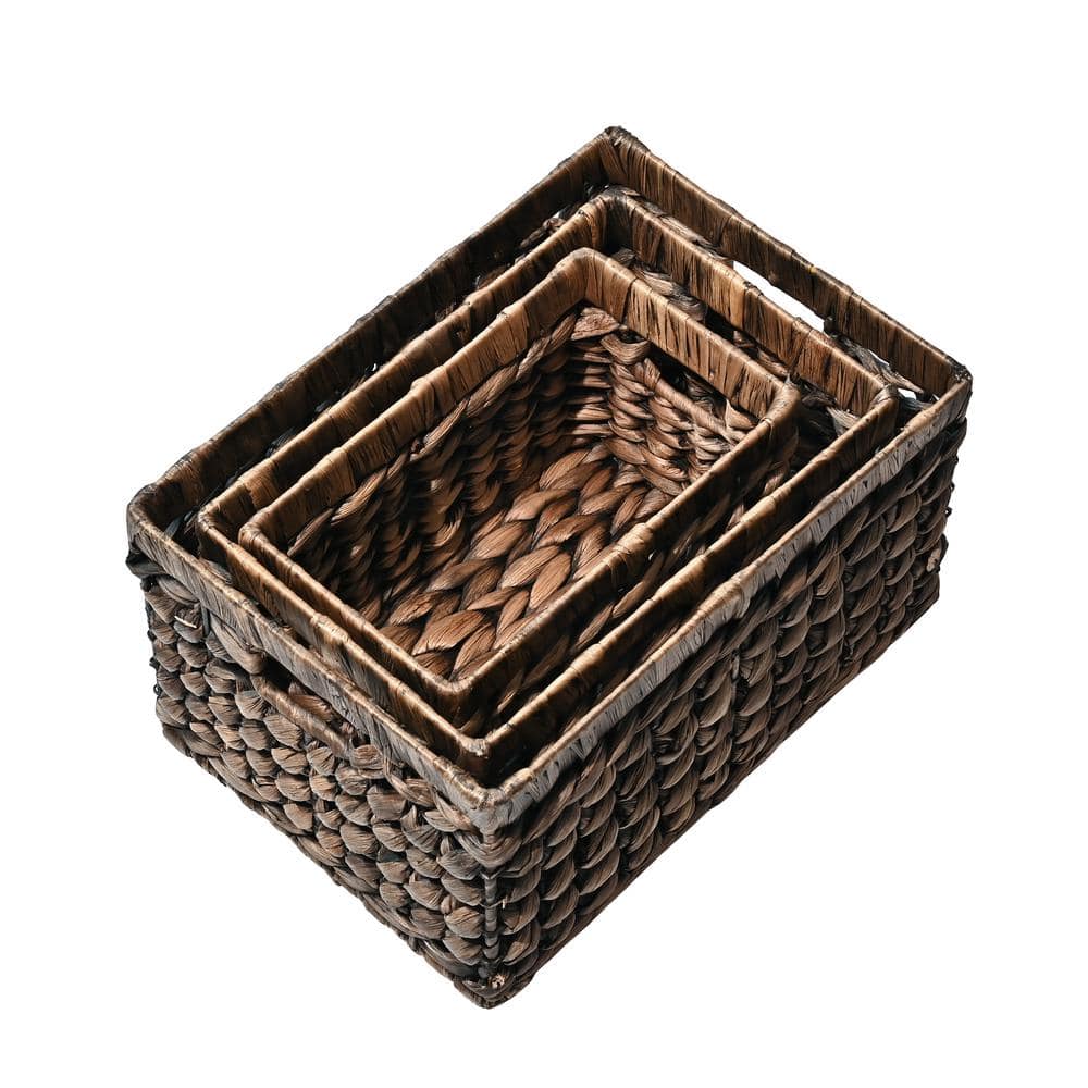 Handwoven Brown Water Hyacinth Rectangular Storage Baskets with Cut-Out Handles
