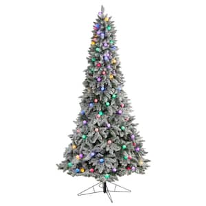 8.5 ft. Flocked British Columbia Mountain Fir Artificial Christmas Tree w/Multi-Color Globe Bulbs and Bendable Branches