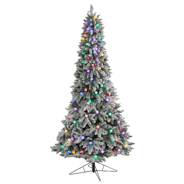 Nearly Natural 8.5 ft. Flocked British Columbia Mountain Fir Artificial Christmas Tree w/Multi-Color Globe Bulbs and Bendable Branches
