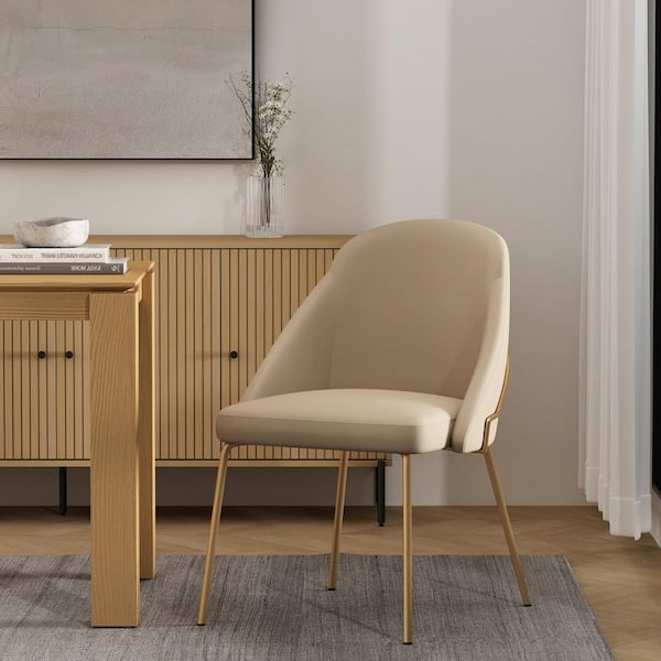 Gracie Modern Tan and Gold Faux Leather Upholstered Dining Side Chair with Stainless Steel Legs