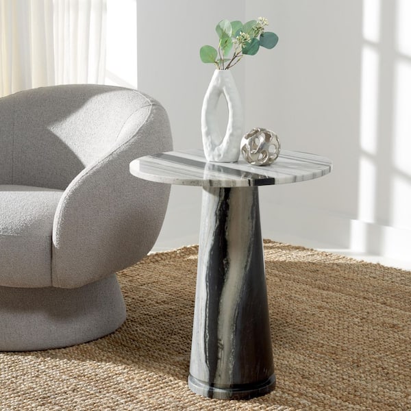 Valentia 20.5 in. White/Black Round Marble End Table