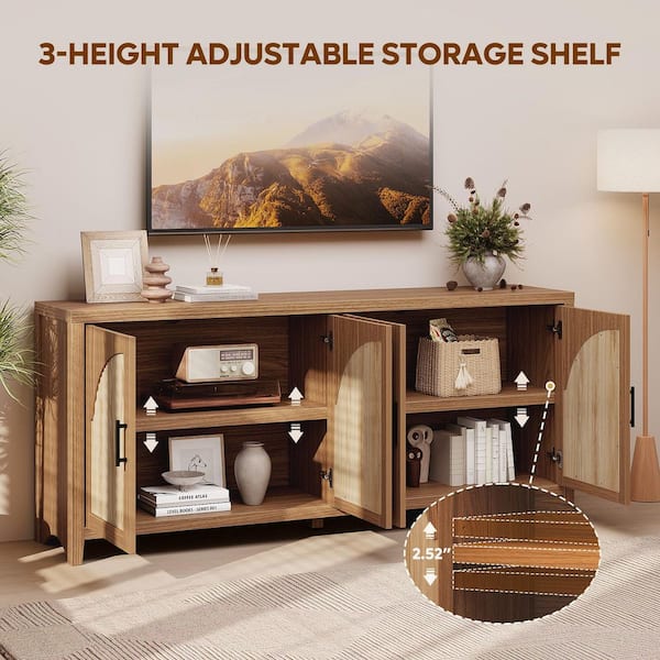 70 in. Modern Brown Oak TV Stand Entertainment Center Fits TVs Up to 75 in. with 4-Arched Reeded Doors