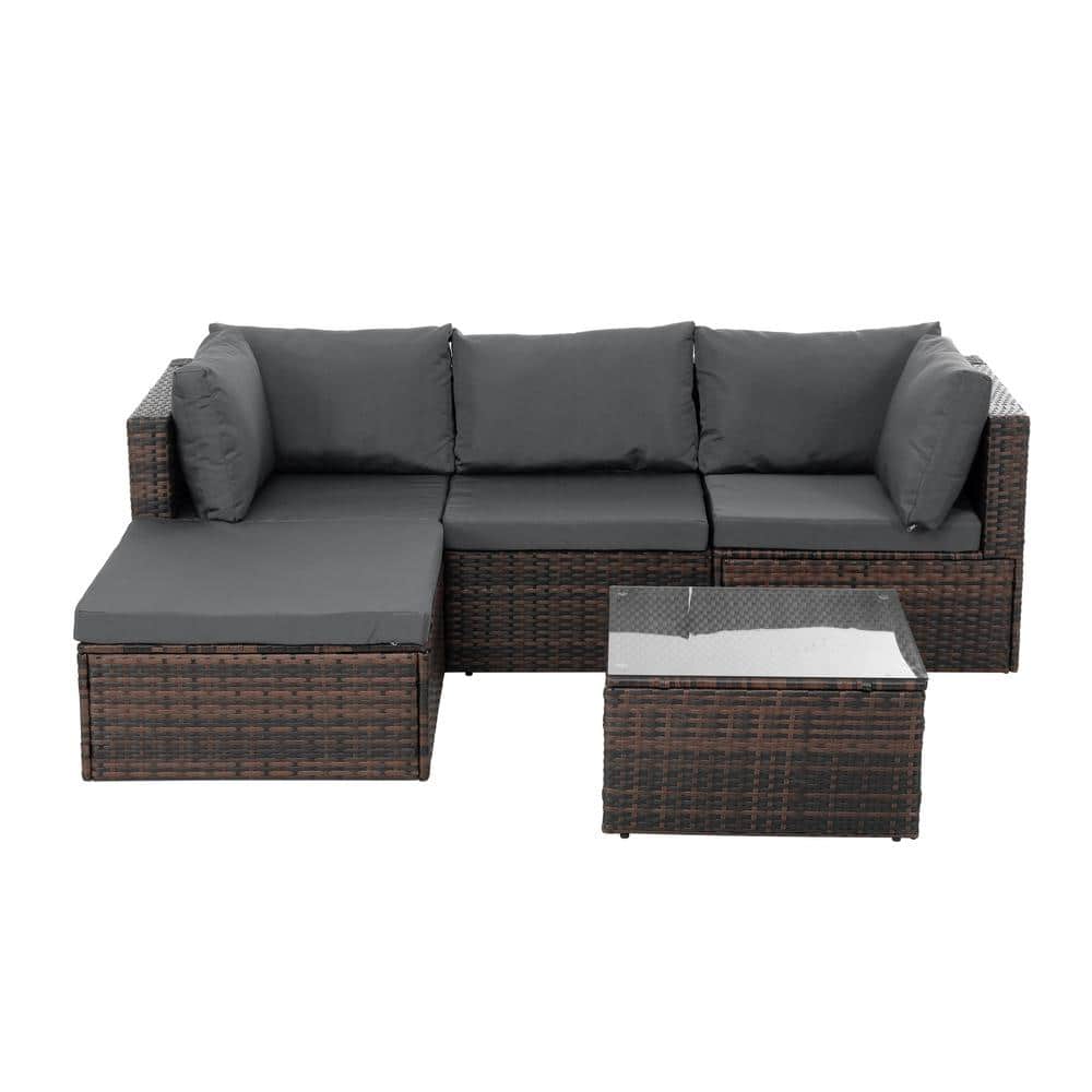 5 Piece Wicker Outdoor Sectional Sofa Furniture Set with Coffee Table for P