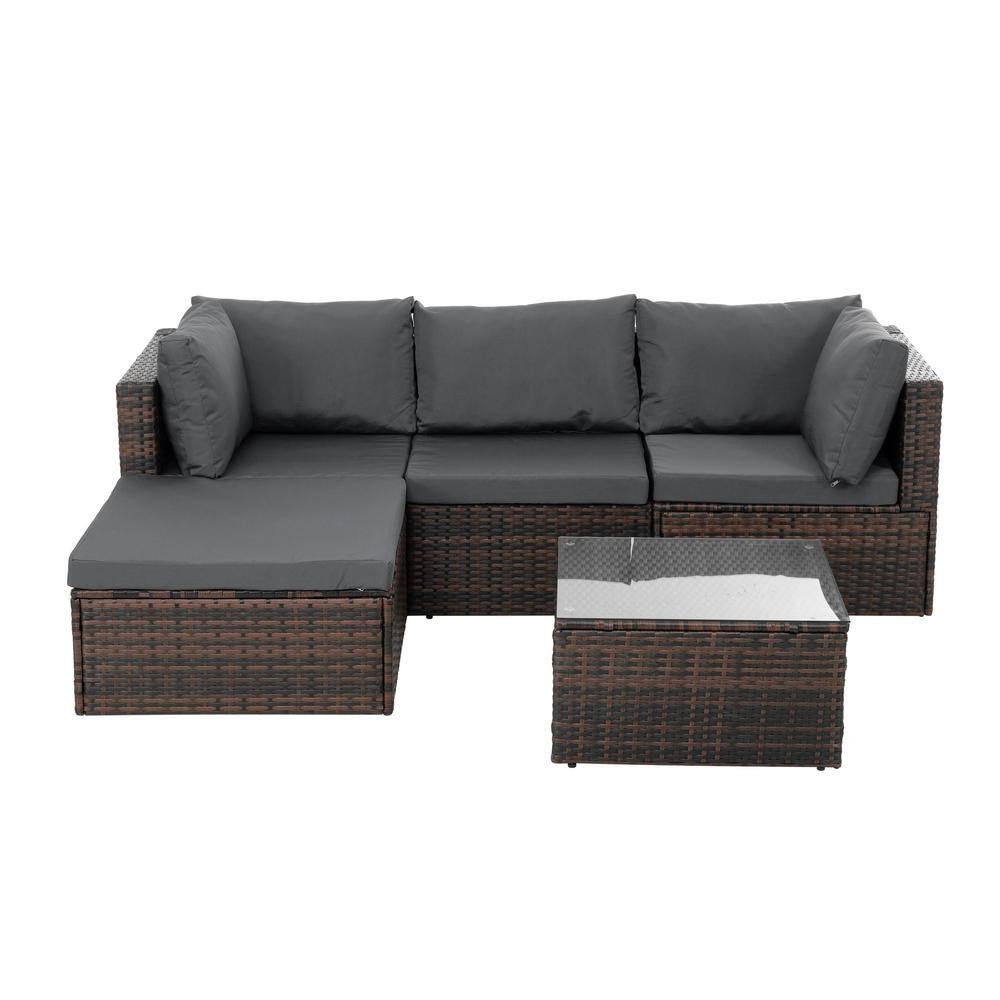 5-piece dark brown wicker outdoor sectional sofa set with gray cushions and a matching coffee table.