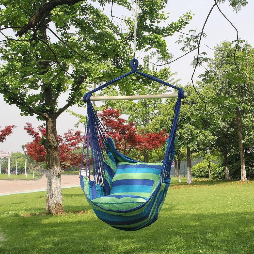 Blue and Green Striped Hanging Hammock Chair with Cushions