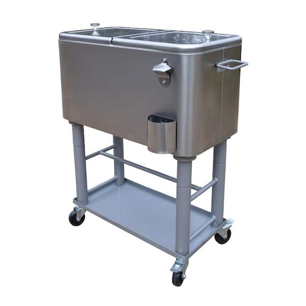 Unbranded Stainless Steel 15 Gal. Party Cooler Cart with Drain System Bottle Opener Caps Holder and Lock Wheels
